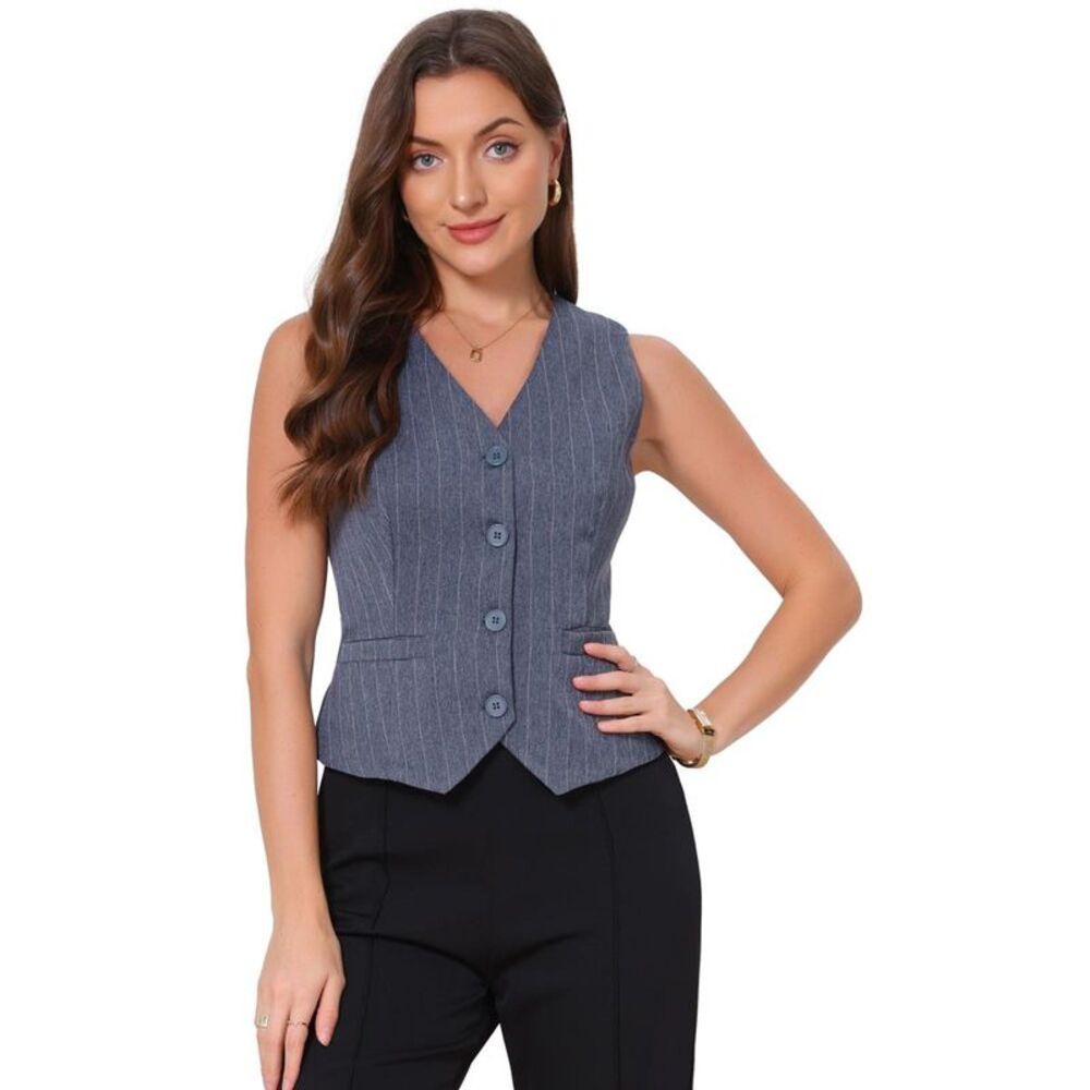 Women's V-Neck Sleeveless Button-Down Blazer Vest with Pockets - Blue L